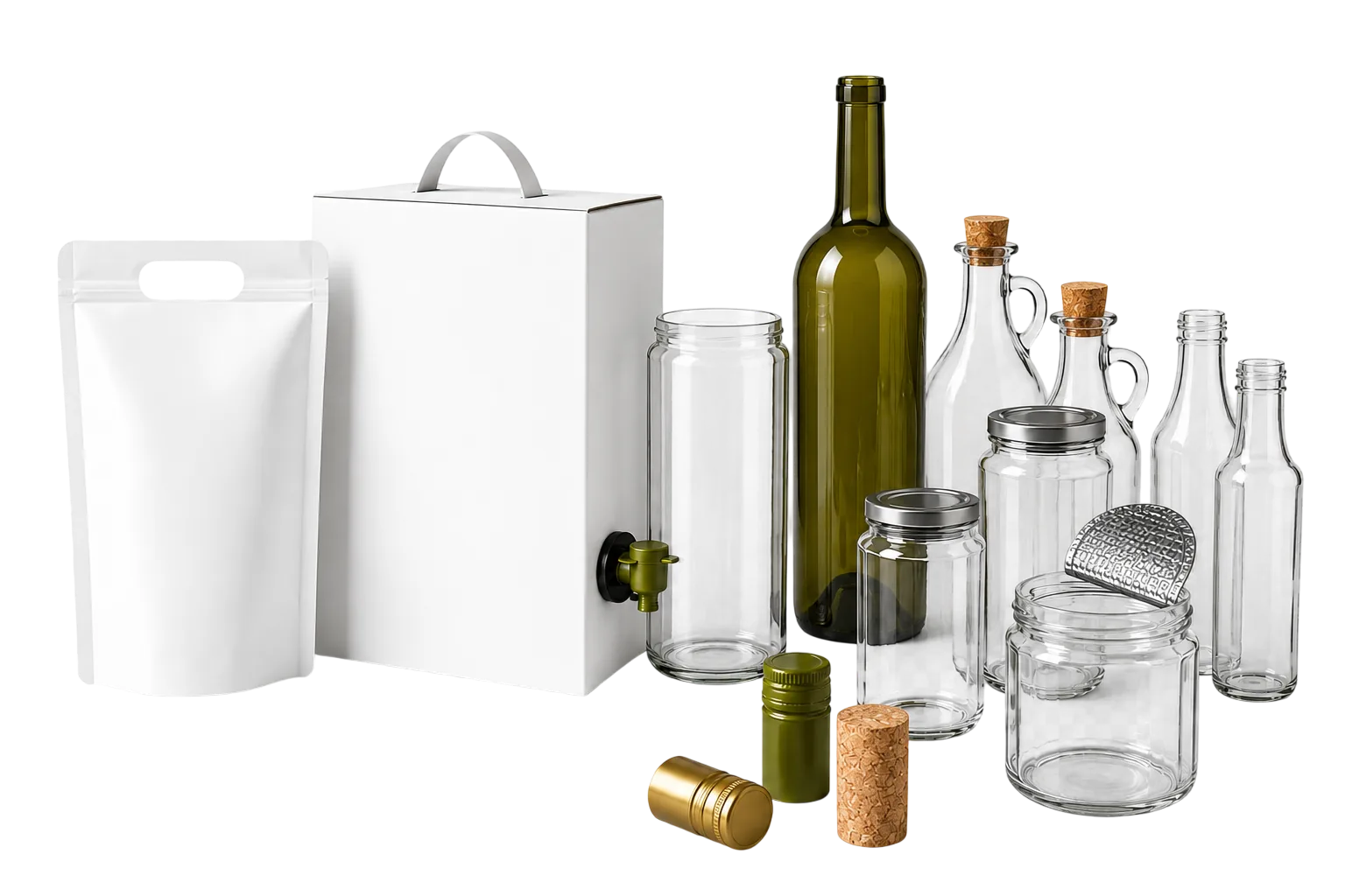 Línea completa SIMSA: stand-up pouch, bag-in-box, frascos, botellas para vino y aceite, cápsulas y corchos